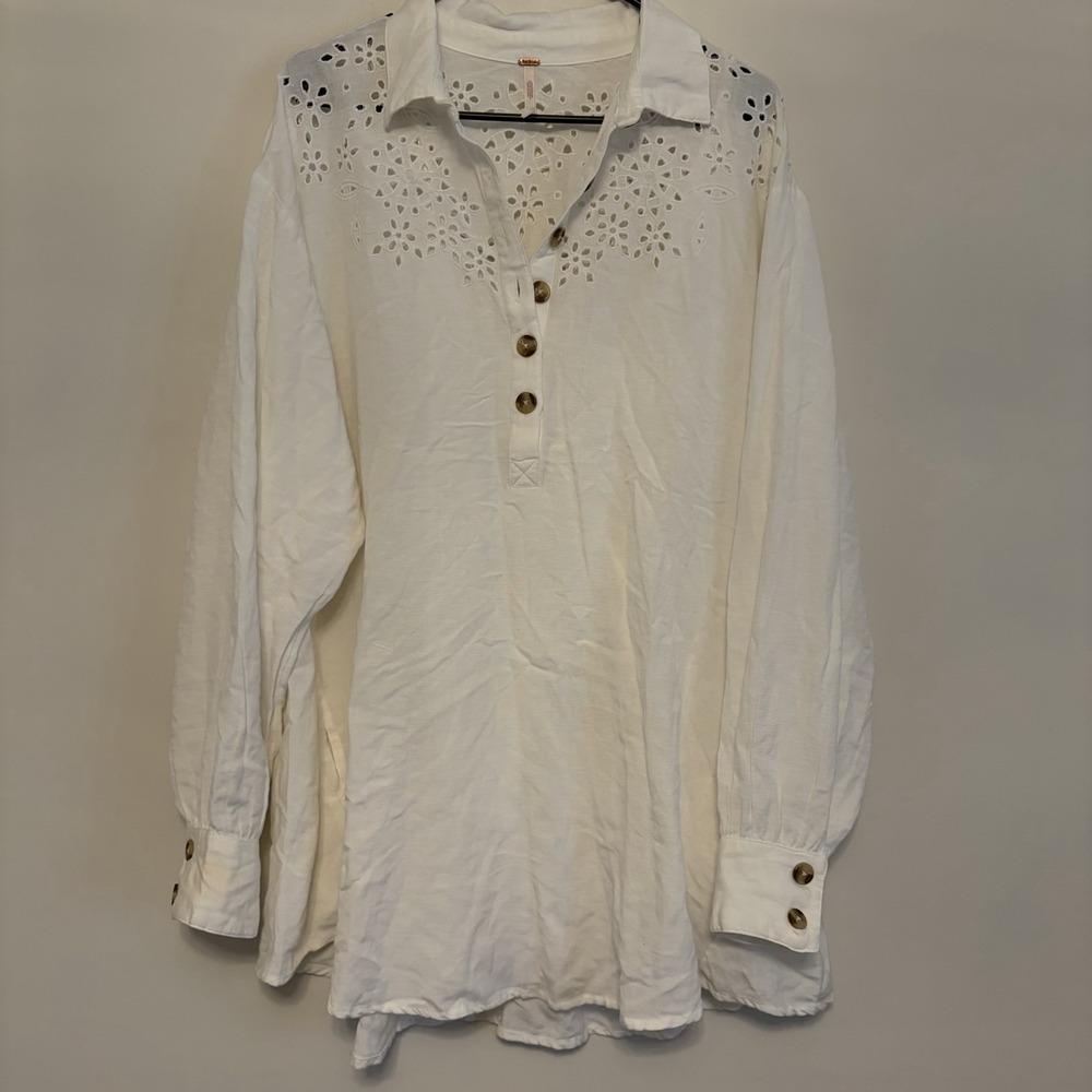$168 FREE PEOPLE Vera Shirtdress M Eyelet Embroidered Linen Blend Ivory White